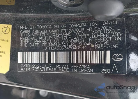 2004 Lexus Es 330 из США, поврежденный, VIN JTHBA30G345040584